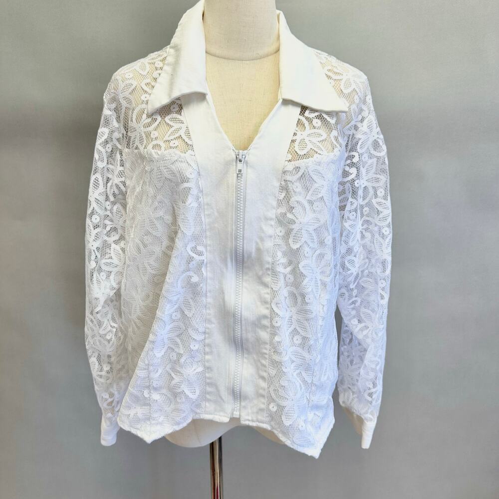 Vintage 90s Banjo poplin‎ and lace western zip up shirt size 1X